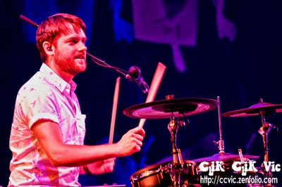 Photo of Joel Stouffer, on Drums with Dragonette performing at the CNE Bandshell. Photo credit Vincent Banial