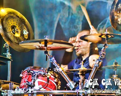 Photo of Joey Dandeneau on Drums with Theory of a Deadman performing at the CNE Bandshell. Photo credit Vincent Banial and Uniquely Toronto