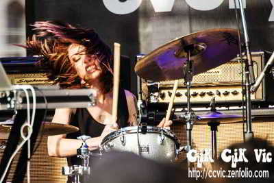Photo of Jessica Goodwin, one of Big Black Delta's two Drummers, performing at NXNE 2013. Photo credit Vincent Banial