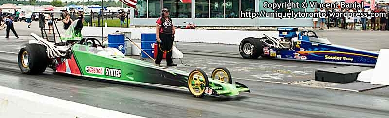 Photo of twodragsters at starting lineready for a Drag Race. Photo credit Vincent Banial and Uniquely Toronto