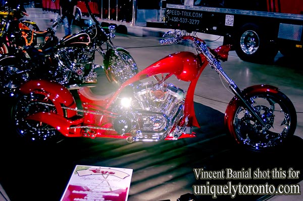 Photo of Speed Trix Custom Motorcycle called "Eye Cherry", on display at the North American International Motorcycle Supershow in Toronto. Photo credit Vincent Banial