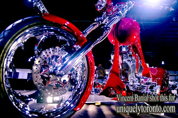 Photo of Speed Trix Custom Motorcycle called "Eye Cherry", on display at the North American International Motorcycle Supershow in Toronto. Photo credit Vincent Banial