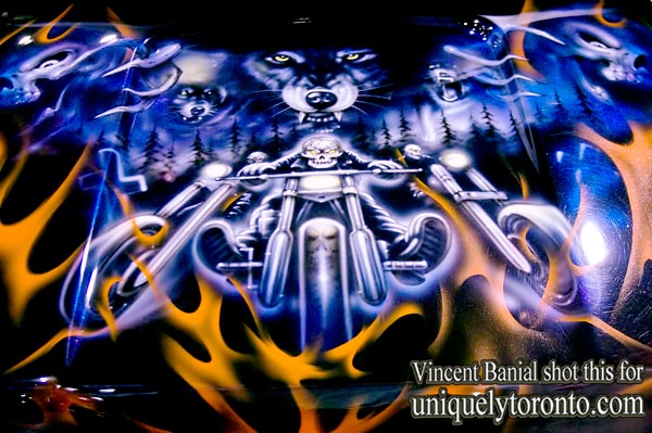 Photo of the "Wizard Custom Paint" display at the North American International Motorcycle Supershow in Toronto. Photo creditt Vincent Banial