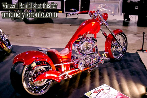 Photo of Speed Trix Custom Motorcycle called "Eye Cherry", on display at the North American International Motorcycle Supershow in Toronto. Photo credit Vincent Banial