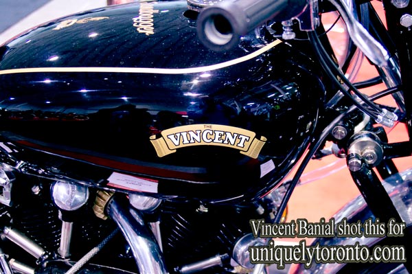 Photo of a 1953 Vincent Shadow classic motorcycle displayed at the North American International Motorcycle Supershow. Photo credit Vincent Banial