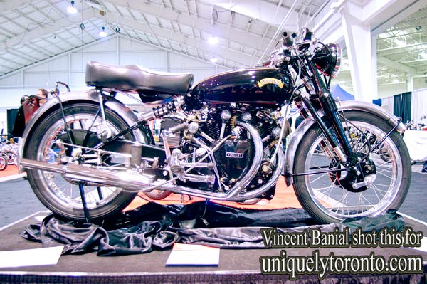 Photo of a 1953 Vincent Shadow classic motorcycle displayed at the North American International Motorcycle Supershow. Photo credit Vincent Banial