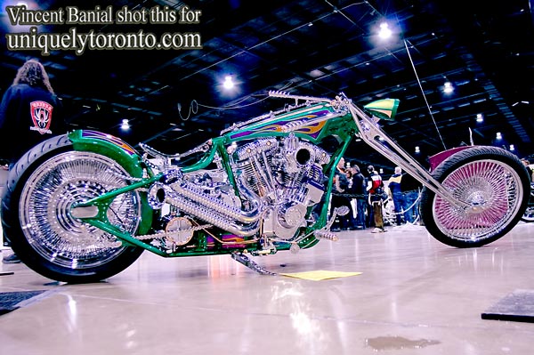 Photo of a Custom Chopper displayed at the North American International Motorcycle Supershow. Photo Credit Vincent Banial